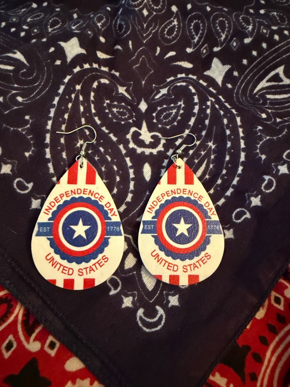 Independence Day USA Teardrop Leather Earrings - Red, White, Blue